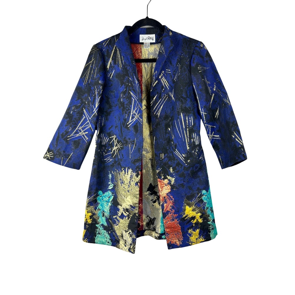Joseph Ribkoff Metallic Abstract Art Jacquard Open Front Jacket Blue Gold Size 4